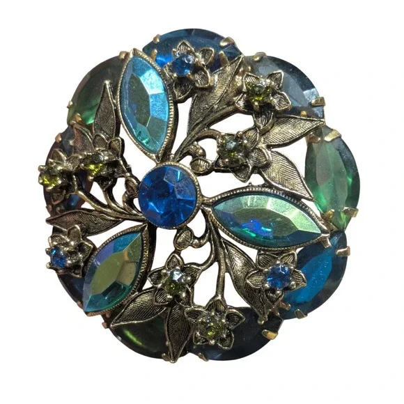 Vintage Floral Wreath Brooch Blue Green Crystal Gold Tone Botanical Pin 1.75" - Picture 6 of 6